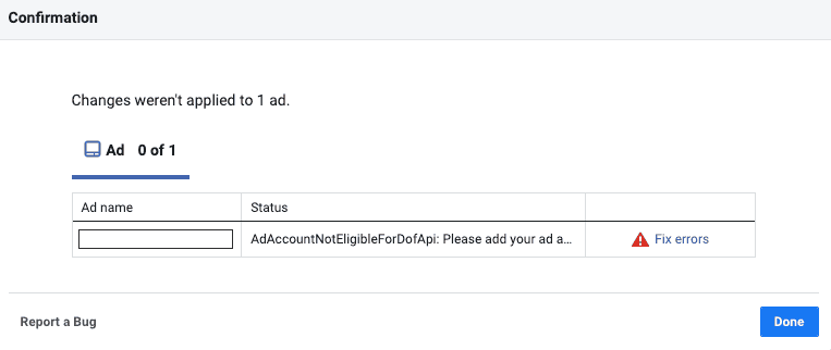 Screenshot of facebook ads error.