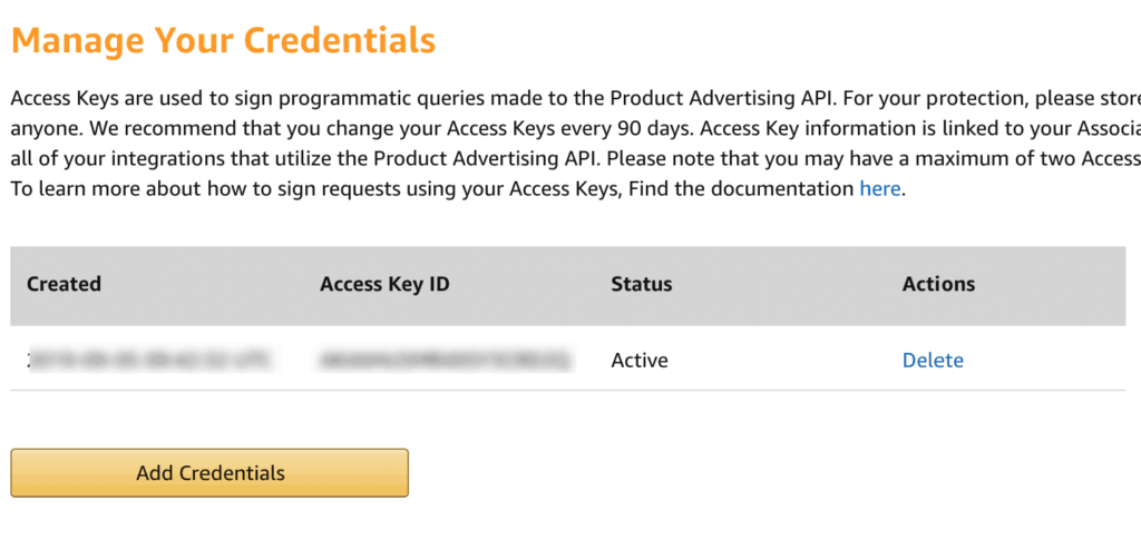 Screenshot of the Amazon Access Keys section for the Amazon Advertising API